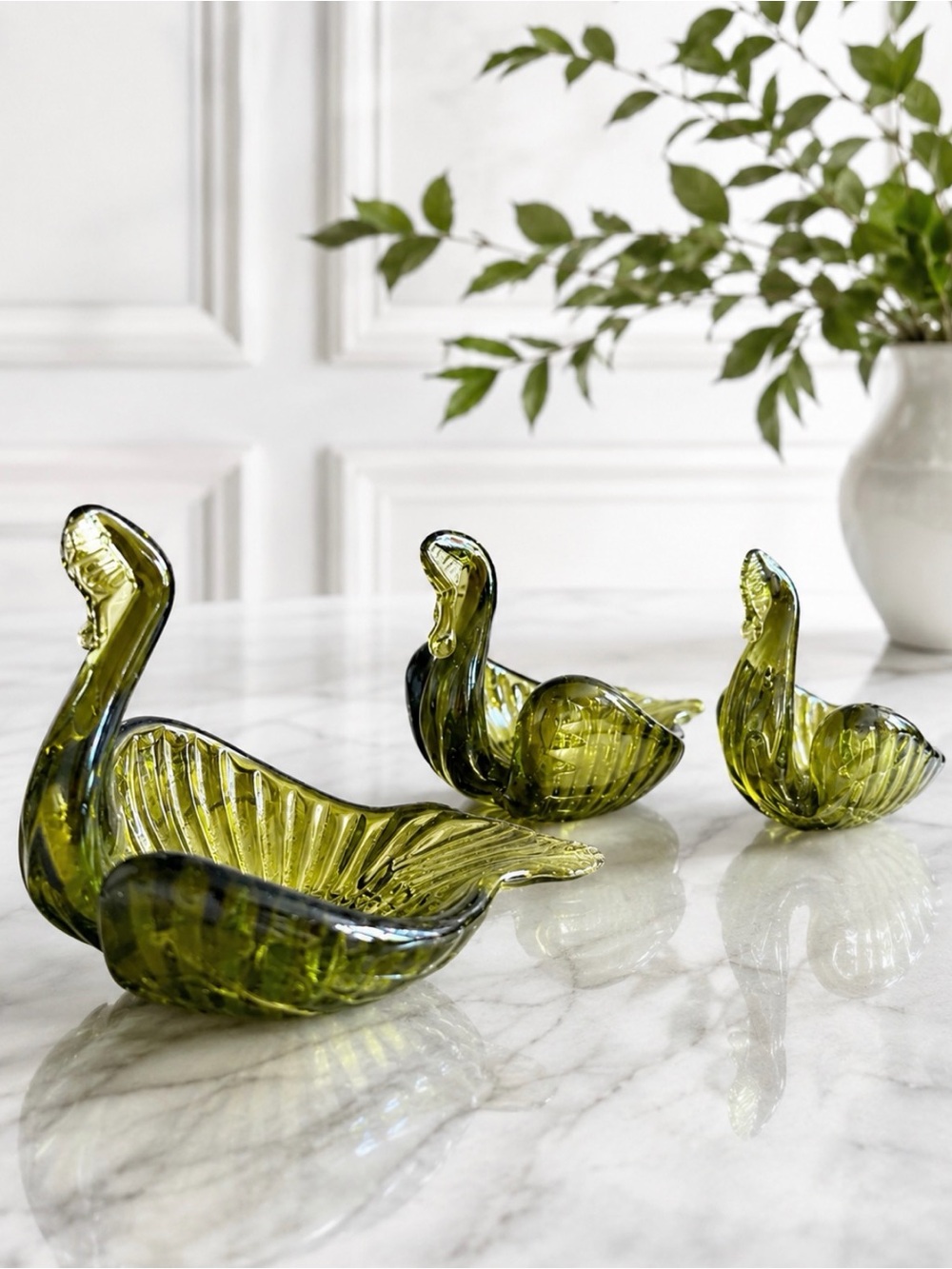 Vintage Italian Hand Blown Glass Olive Green Swan Set – Set of 3